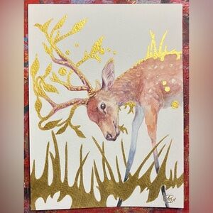 Original deer Watercolor Painting Golden accents Antlers surrealism Art Ettina